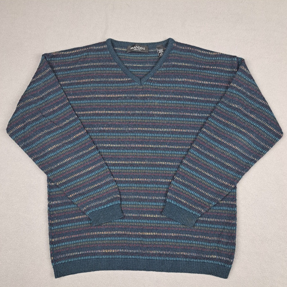 Vintage Brandini Wool Blend Sweater Men's Size XL Geometric V-Neck‎ Blue Italy